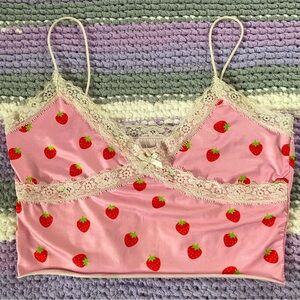 Strawberry Print Micro Tank Top With Lace Trim